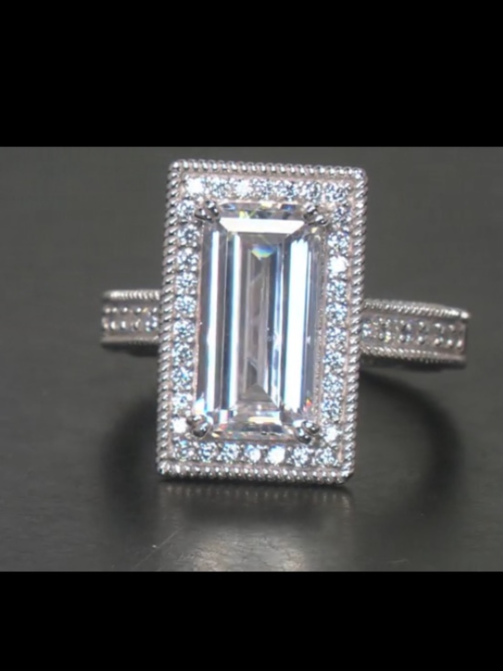 Judith Ripka Sterling Silver Emerald-Cut Halo  CZ  ring - pave  sides 9.75 TCW